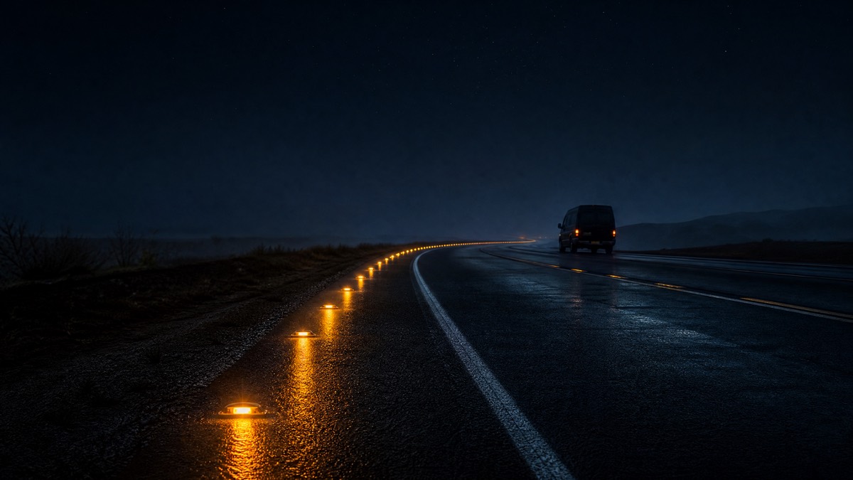 Amber yol işaretleriyle gece otoyol şeridi
