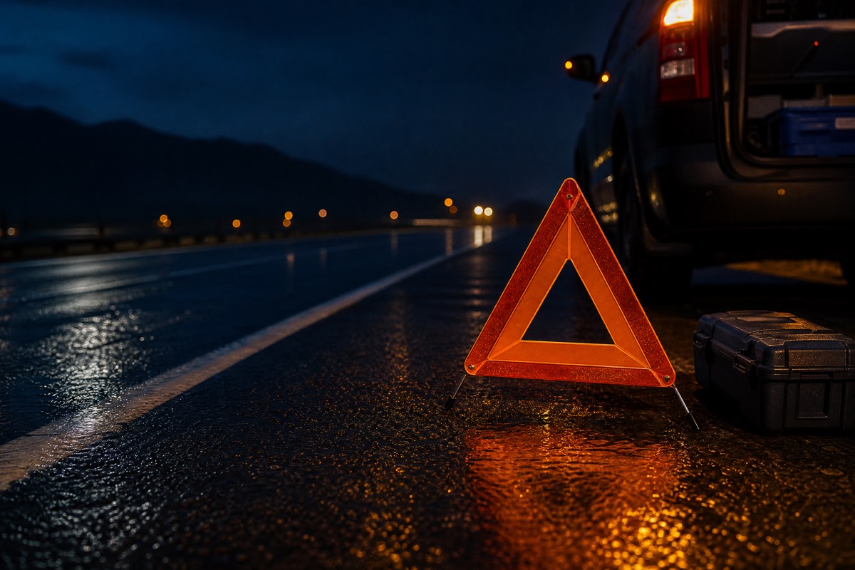 Gece yolunda reflektif uyarı üçgeni ve ekipman çantası