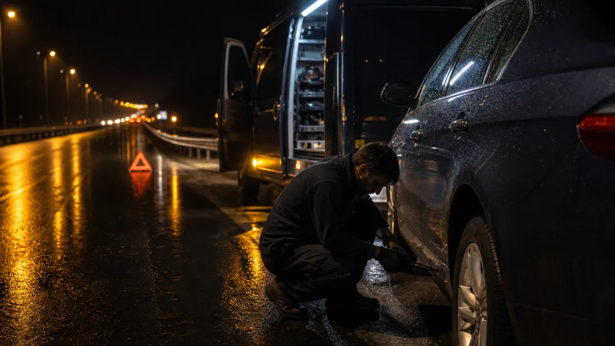 Gebze TEM bağlantı yolunda gece yapılan patlak lastik müdahalesi