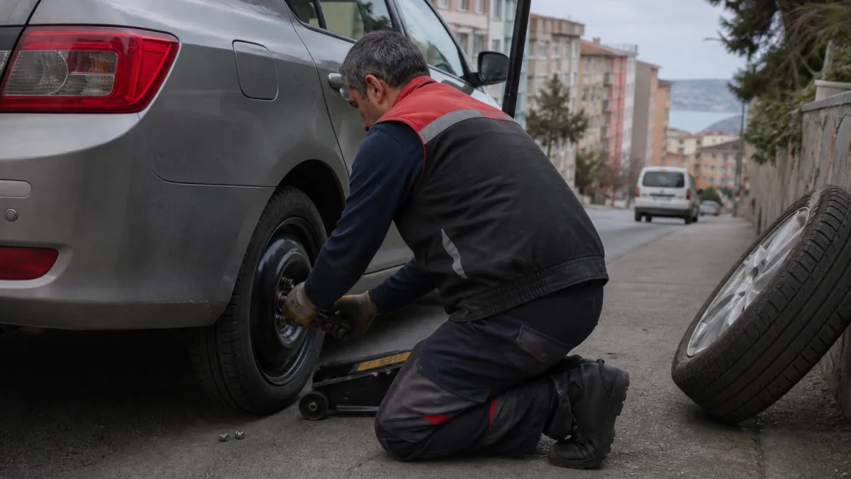 Bulunulan konumda yapılan lastik değişimi ve stepne takma işlemi