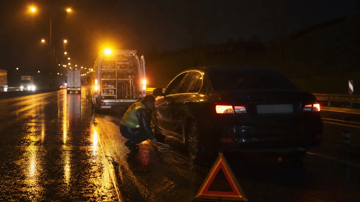 Gece yolda kalan araca yapılan lastik yol yardım müdahalesi