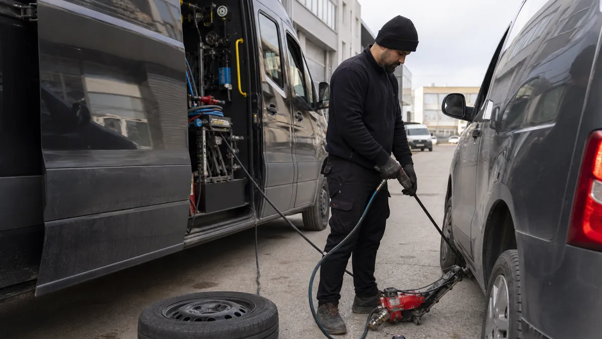 Servis aracıyla bulunulan konumda yapılan mobil lastik işlemi